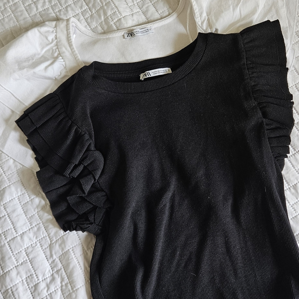 2 Zara White & Black Ruffle Sleeve Blouse(s)